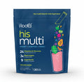 A blue stand-up pouch of Rootd His Multi dietary supplement in Orchard Berry flavor, featuring a pink drink illustration and multivitamin claims on a white background.