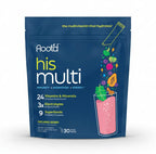 A blue stand-up pouch of Rootd His Multi dietary supplement in Orchard Berry flavor, featuring a pink drink illustration and multivitamin claims on a white background.
