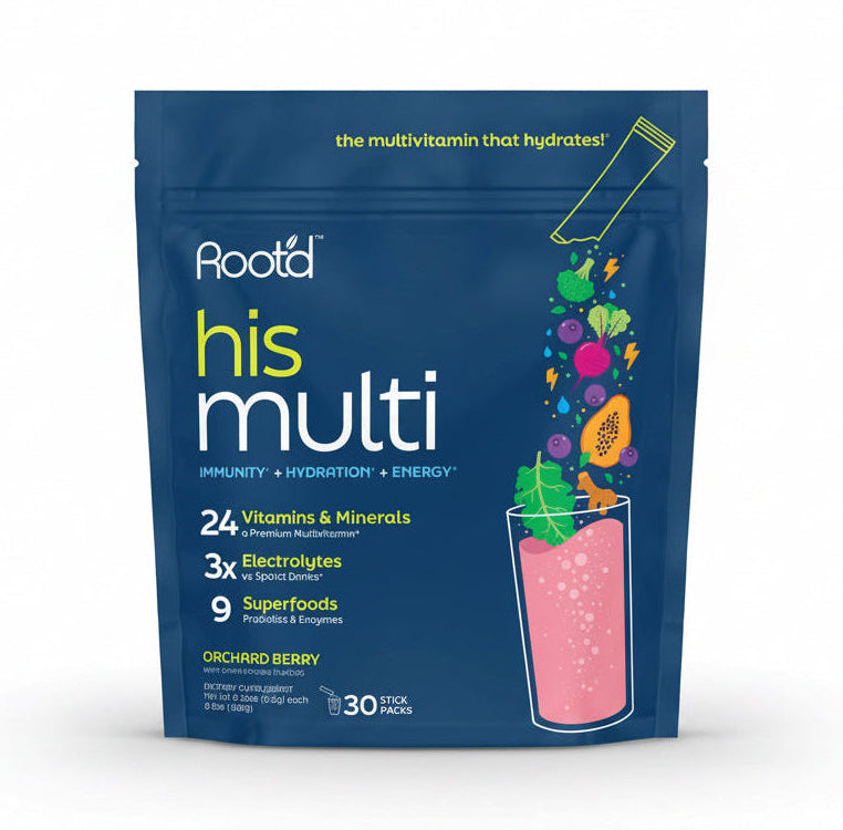 A blue stand-up pouch of Rootd His Multi dietary supplement in Orchard Berry flavor, featuring a pink drink illustration and multivitamin claims on a white background.