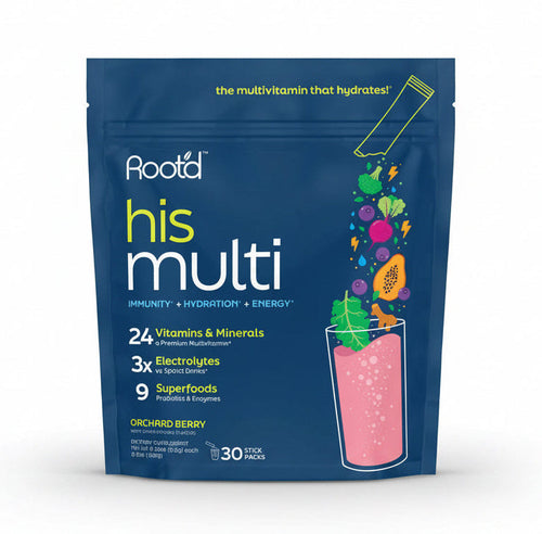 A blue stand-up pouch of Rootd His Multi dietary supplement in Orchard Berry flavor, featuring a pink drink illustration and multivitamin claims on a white background.