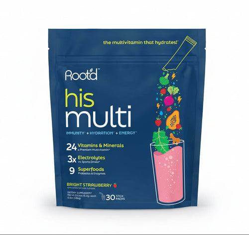 Rootd his multi supplement package with colorful graphics on a blue background
